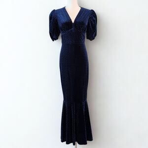 Vintage Navy Velvet Mermaid Dress Puff Sleeves Whimsigoth  Size XS